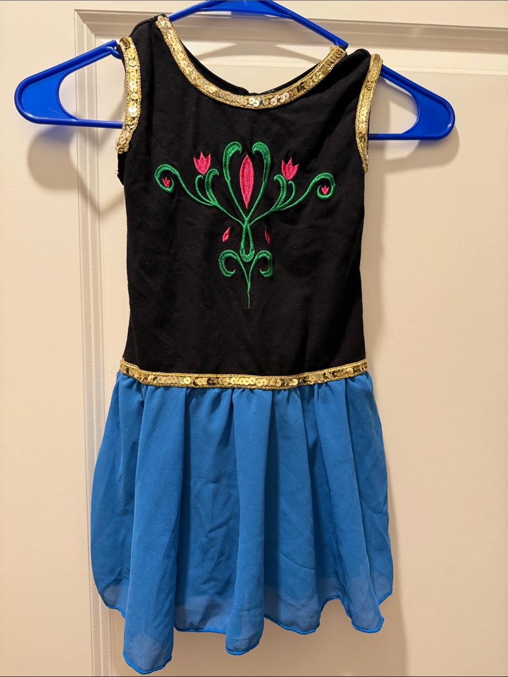 Girls Black & Blue Princess Costume Dress with Pink Green Embroidery